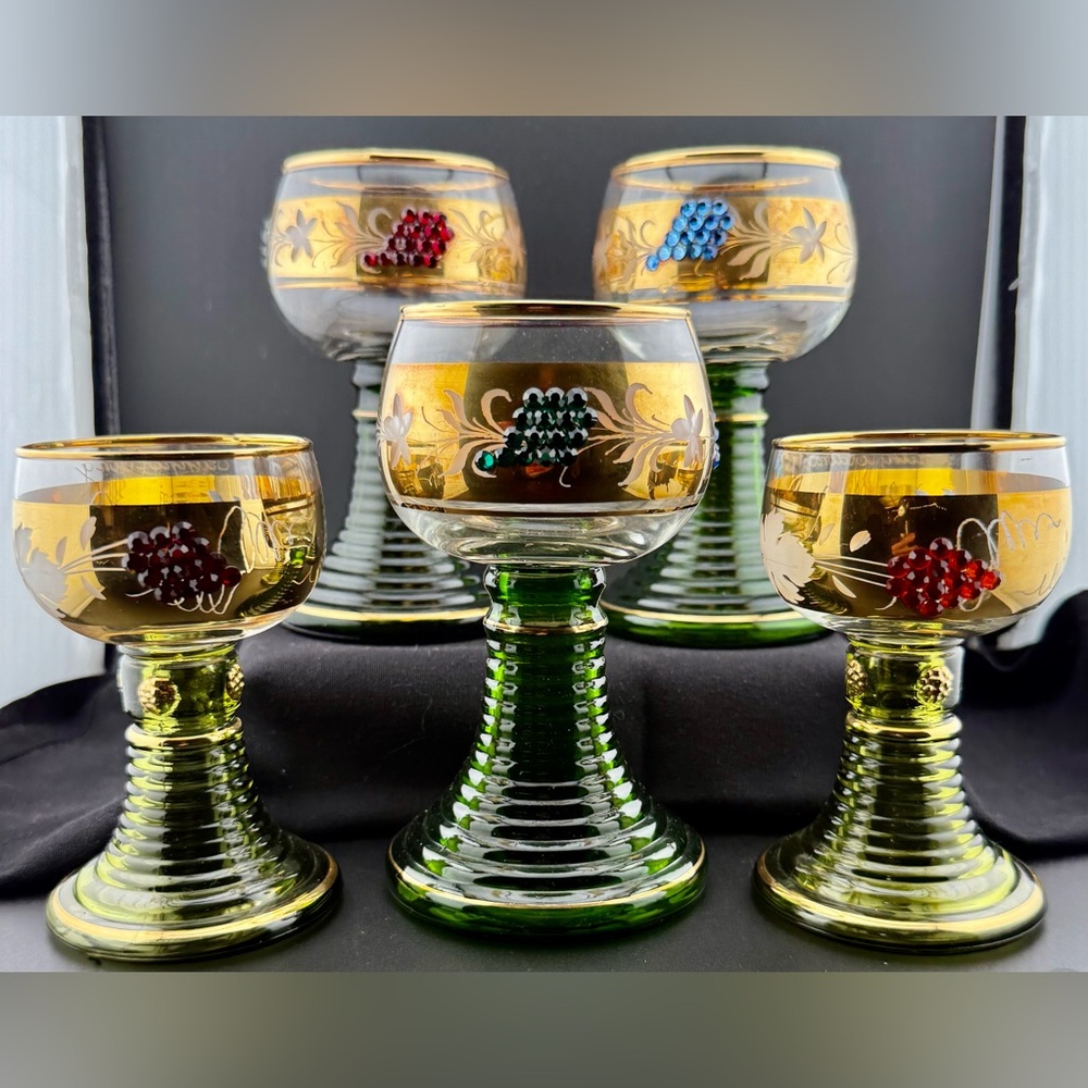 5 vintage Roemer Embellished Wine Glasses (3) 8oz (2, souvenir) 4oz Germany
